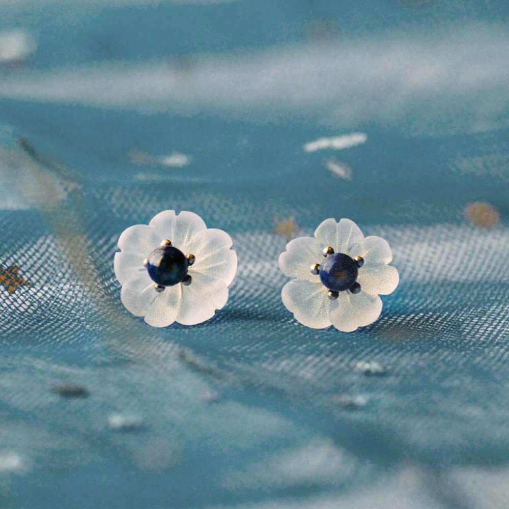 Sterling Silver Natural Lapis lazuli Flower Earrings Studs Nature Jewelry